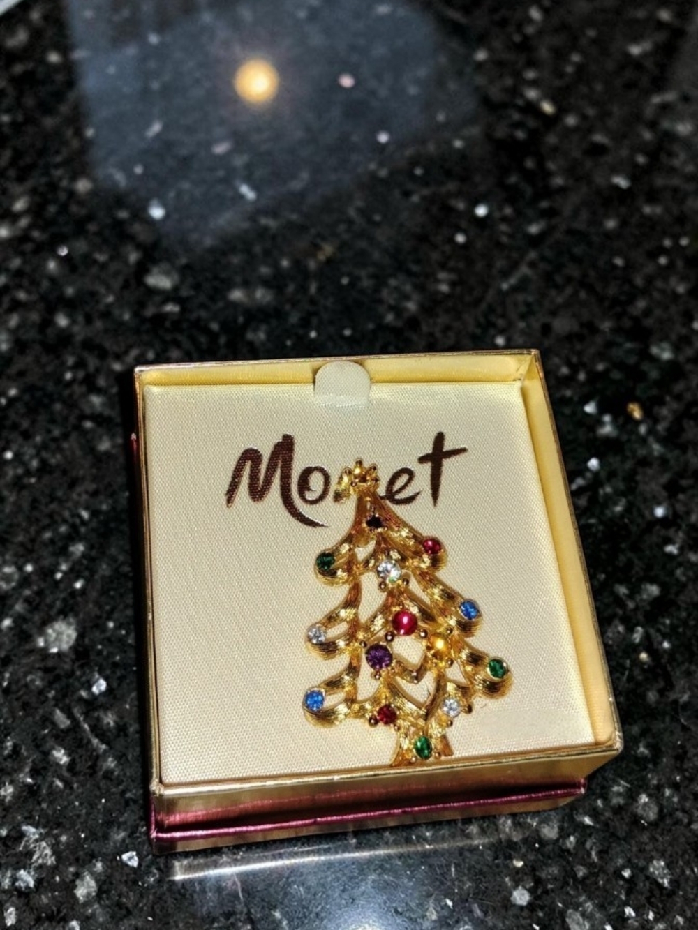 Vintage Monet Christmas Tree Brooch in Original Box (NIB)